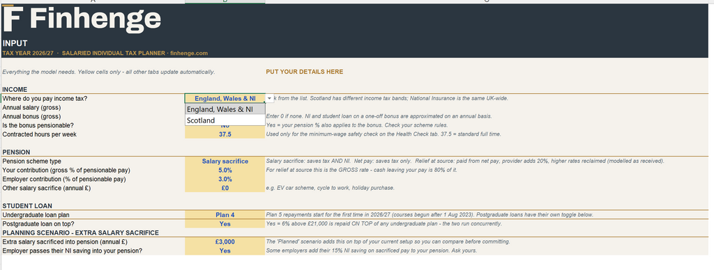 UK Salaried Individual Tax Planner 2026/27 - Take-Home Pay, Pension & Salary Sacrifice Excel Model