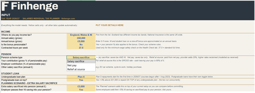 UK Salaried Individual Tax Planner 2026/27 - Take-Home Pay, Pension & Salary Sacrifice Excel Model