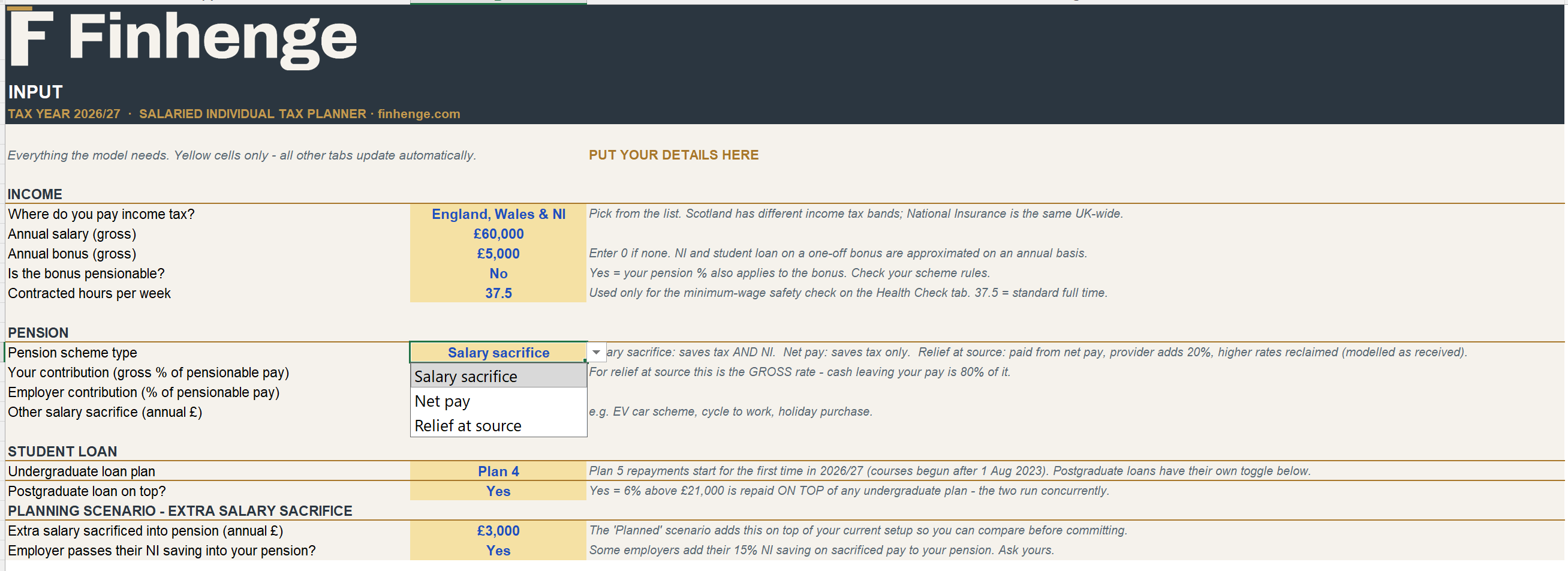 UK Salaried Individual Tax Planner 2026/27 - Take-Home Pay, Pension & Salary Sacrifice Excel Model