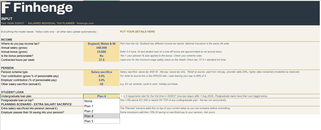 UK Salaried Individual Tax Planner 2026/27 - Take-Home Pay, Pension & Salary Sacrifice Excel Model