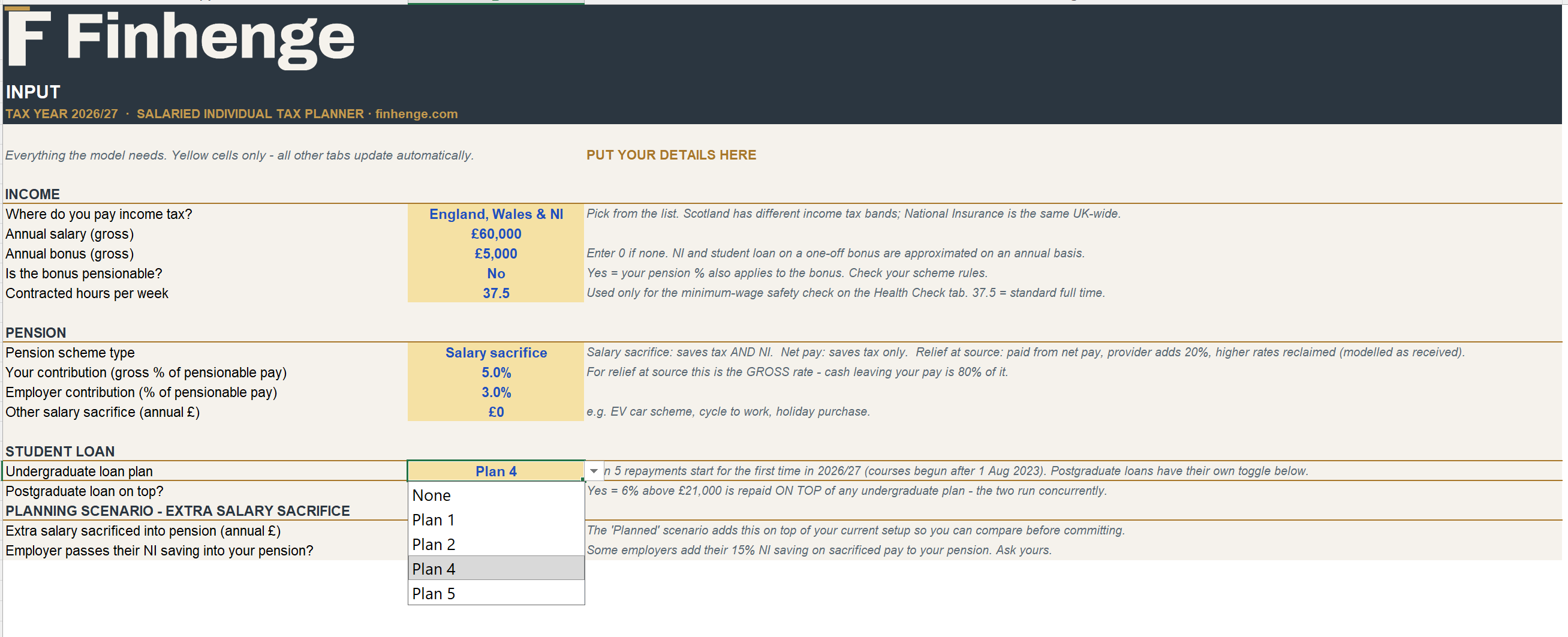 UK Salaried Individual Tax Planner 2026/27 - Take-Home Pay, Pension & Salary Sacrifice Excel Model
