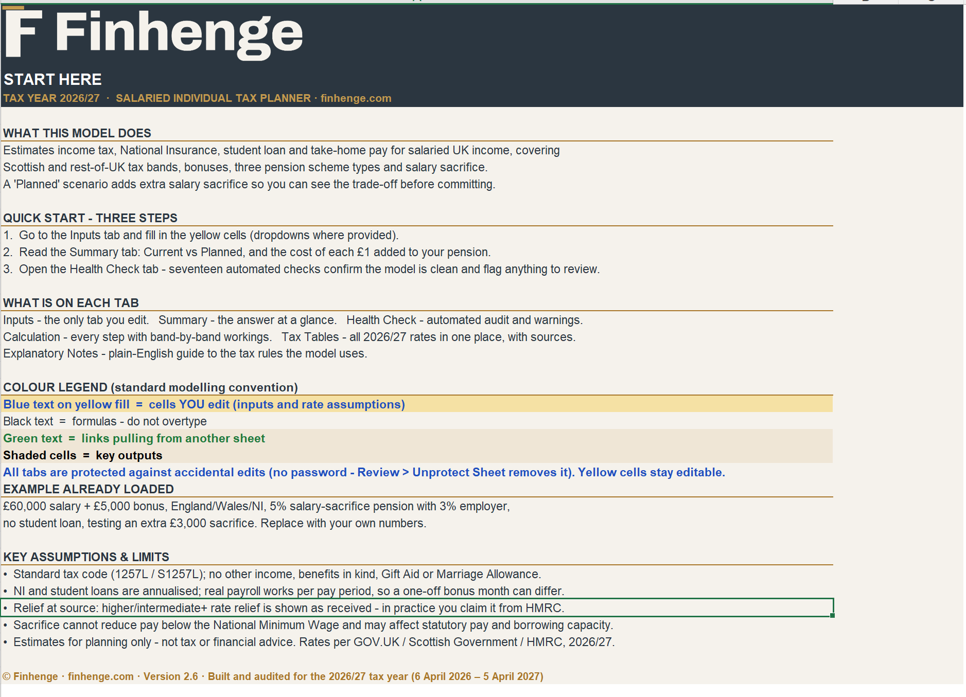 UK Salaried Individual Tax Planner 2026/27 - Take-Home Pay, Pension & Salary Sacrifice Excel Model