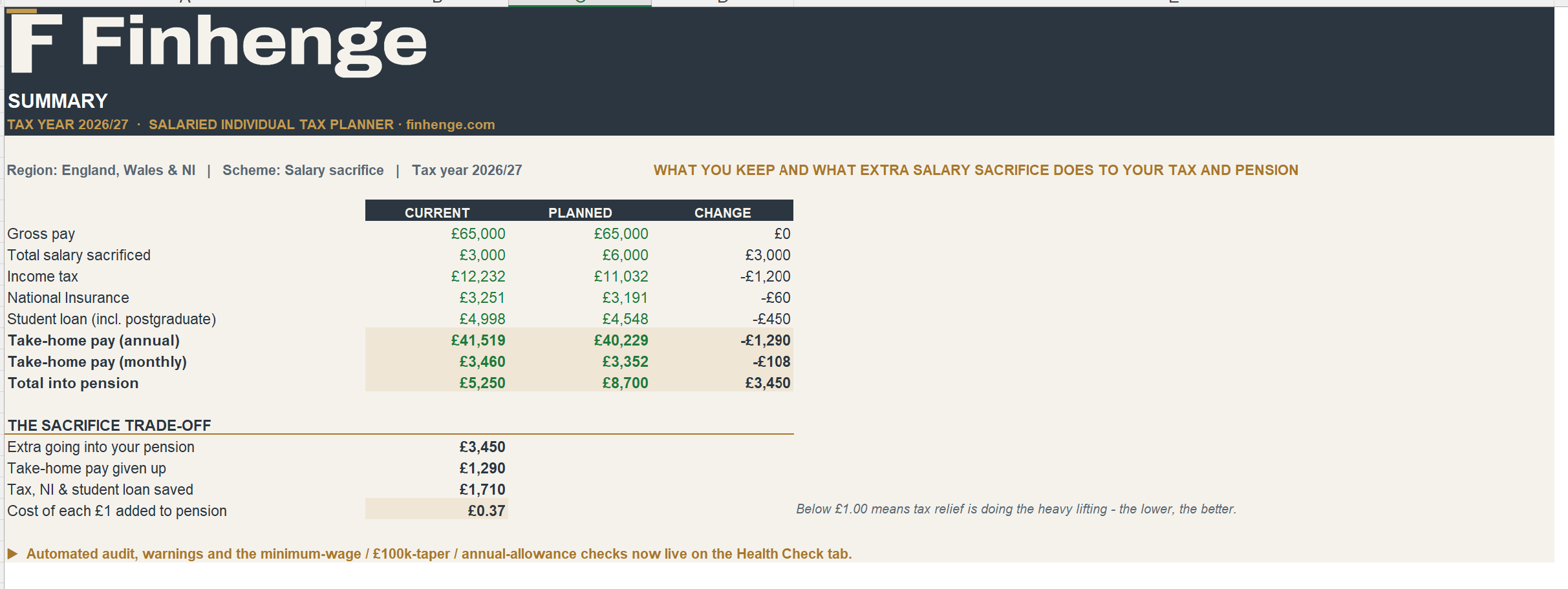 UK Salaried Individual Tax Planner 2026/27 - Take-Home Pay, Pension & Salary Sacrifice Excel Model