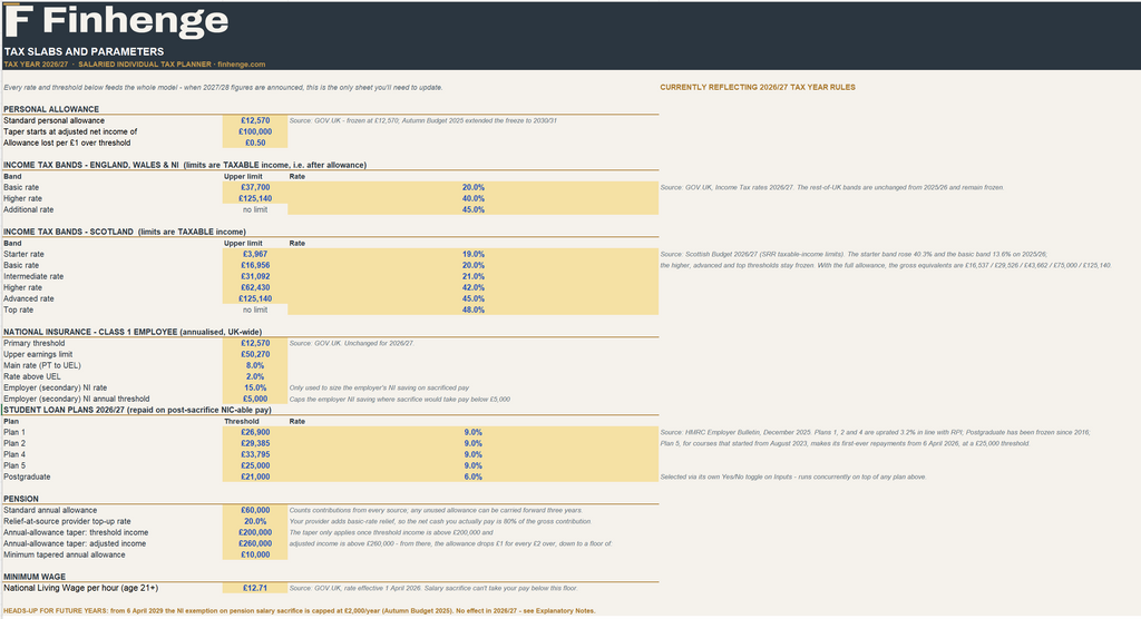 UK Salaried Individual Tax Planner 2026/27 - Take-Home Pay, Pension & Salary Sacrifice Excel Model
