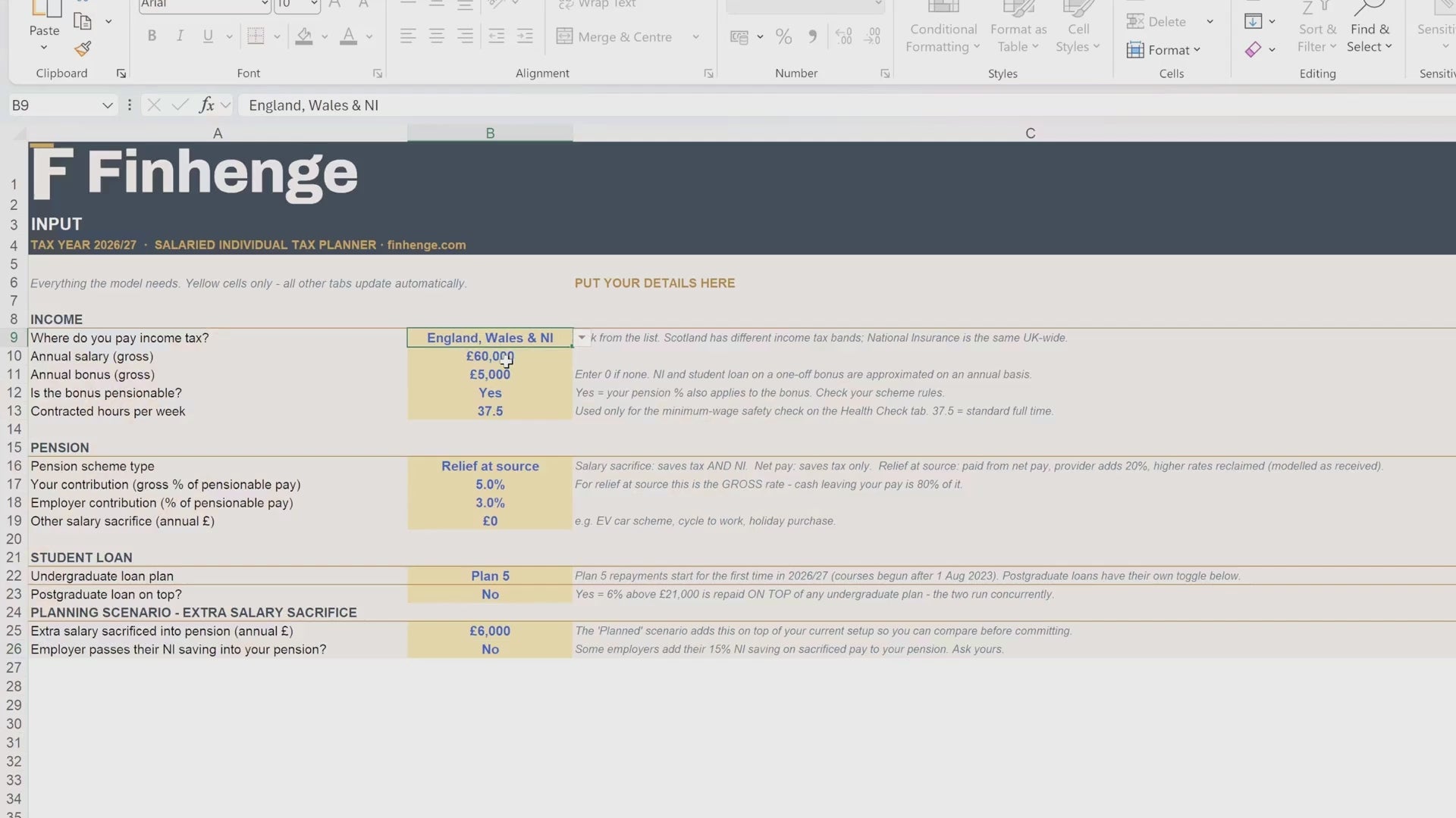 UK Salaried Individual Tax Planner 2026/27 | Take-Home Pay, Pension & Salary Sacrifice | Excel Spreadsheet Instant Download